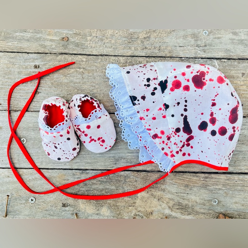 Bloody Cute Blood Splatter Baby Bonnet & Booties Set